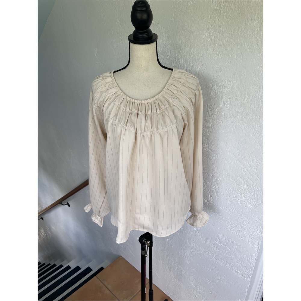 Mine Women's Balloonβ Sleeve Shirred Yoke Blouse Top Cream With Gold Stripe Sz L